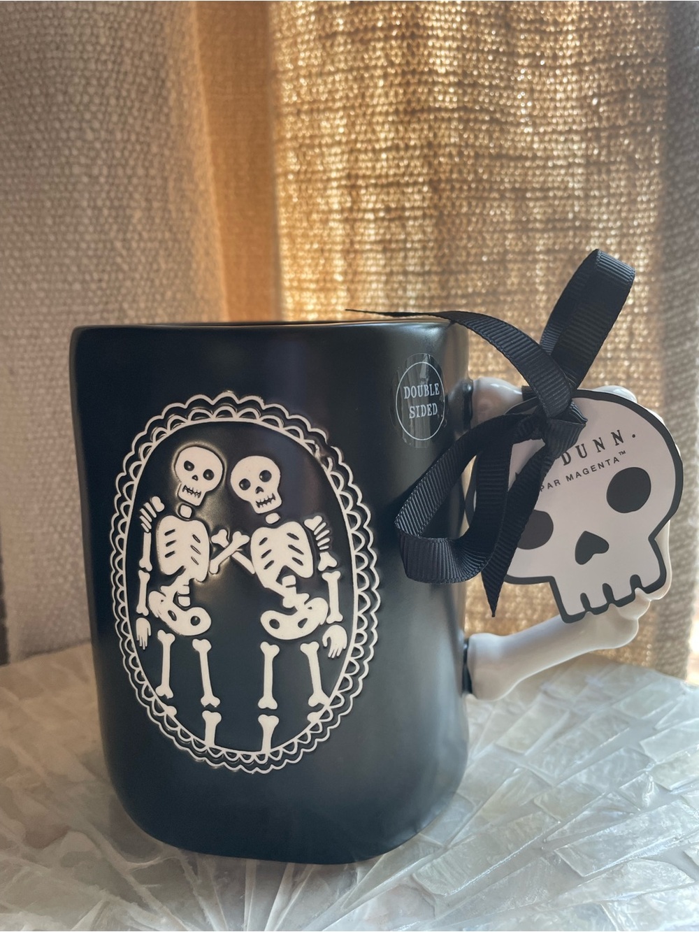 Rae Dunn Black Ceramic Mug with White Skeleton friends